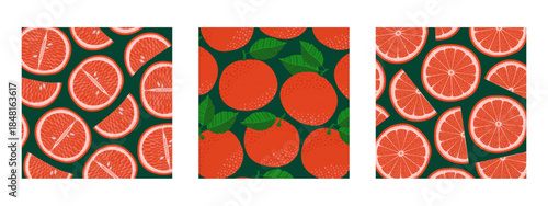 Set of square-shaped botanical backgrounds featuring various whole grapefruits, halves, and slices. Ideal for summer sales, organic product ads, juice packaging, kitchen posters, or other designs.