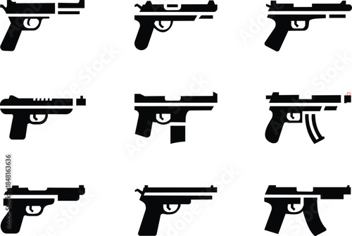 Set of black silhouette icons of various handguns and pistols