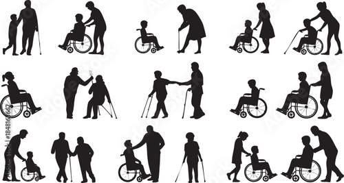 People assisting individuals with disabilities in various situations Vector, illustration