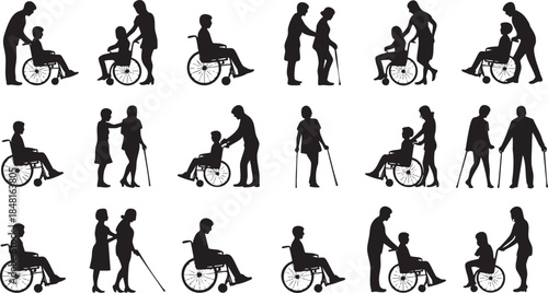 People assisting disabled individuals in wheelchairs and with crutches Vector, illustration
