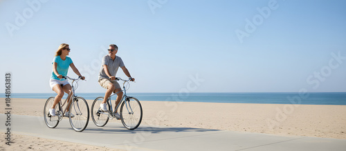 Couple cycling together on beachside path under clear blue sky  