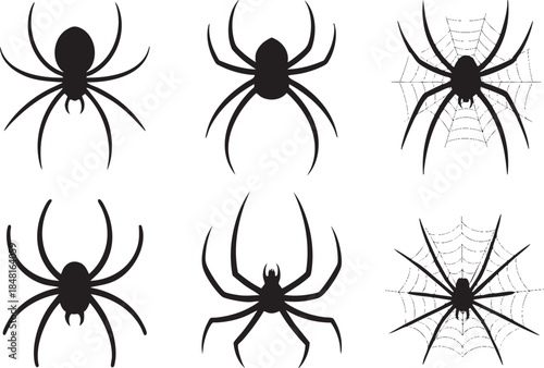 Black widow spider silhouettes in various poses and webs Vector, illustration