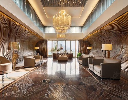 magnificent hotel lobby with seating area and digital art