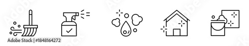 Pack de iconos de limpieza. Escoba, spray, gota de agua, casa limpia y balde con espuma. Diseño vectorial lineal