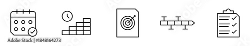 Pack de iconos de planificación. Calendario aprobado, construcción con tiempo, objetivo en documento, línea de tiempo y lista de tareas. Diseño vectorial lineal
