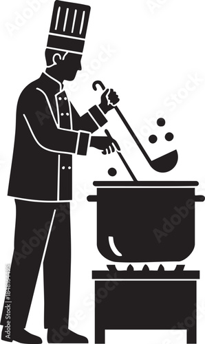 Chef Stirring Large Stockpot Long Ladle Side Profile Silhouettes isolated on white background