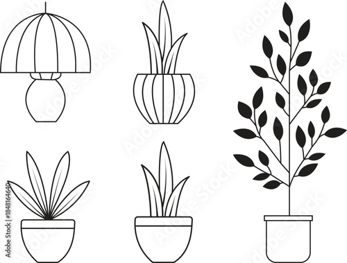 Set of plants in pots. Minimalist potted plant set with simple line art vector designs for home, interior and garden decor.