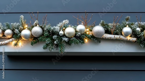 Beautifully arranged garland with gold and silver ornaments illuminated by soft lights creates a festive winter atmosphere