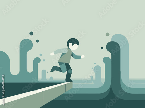 A young boy balances on a ledge amidst crashing waves, symbolizing finding equilibrium. Modern, graphic illustration with a teal and gray palette. ?Find Your Balance? text.