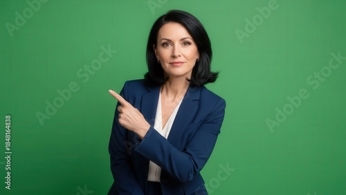 Confident professional woman in formal attire pointing to the side against a vibrant green