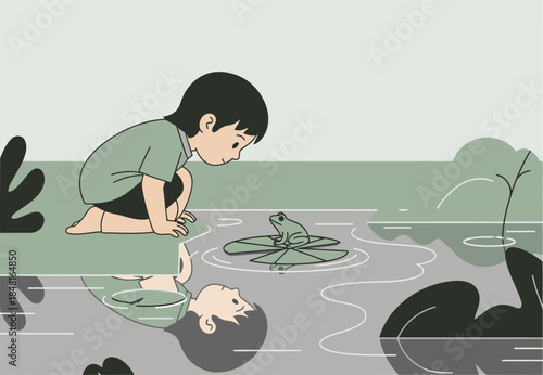A young boy observes a frog on a lily pad in a tranquil pond. Simple, heartwarming illustration with a focus on nature and discovery.  Classic, gentle style.