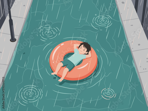 A young boy relaxes in a flooded street, floating on a bright orange ring amidst a rainy cityscape. A peaceful, surreal scene.
