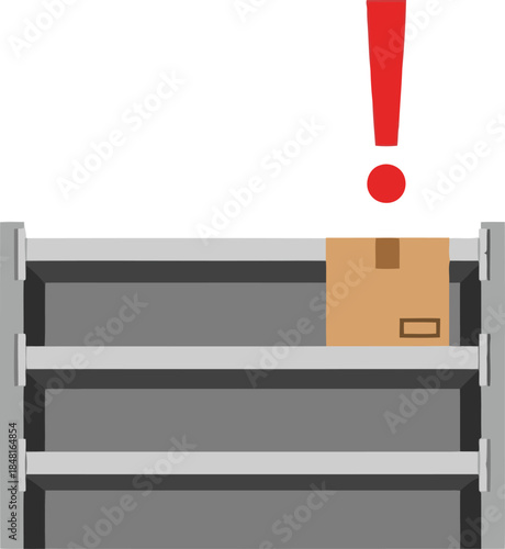 Alert! Last unit of a cardboard box sits alone on a shelf. Bold exclamation mark emphasizes the stockout. Clean, modern illustration.