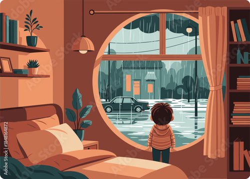 A young boy watches rain fall outside a window in a cozy bedroom. Warm colors and a peaceful scene evoke safety and comfort. Illustration style.