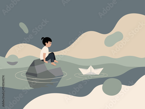 A young boy sits on a rock, holding a paper boat, amidst calm waves. A serene, minimalist illustration evokes peace and connection with nature. Soft colors and simple shapes create a calming visual.