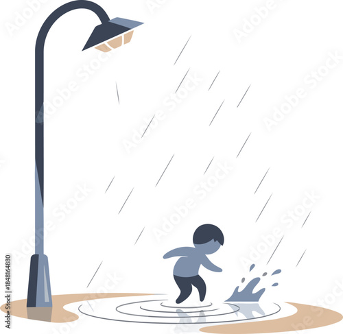 A child bravely navigates a rainstorm, illuminated by a streetlamp. A powerful image of resilience and hope amidst challenging circumstances.
