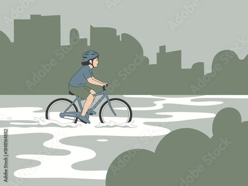A cyclist navigates a flooded urban path, symbolizing progress and resilience. A modern illustration with a hopeful tone. Keep Moving Forward.