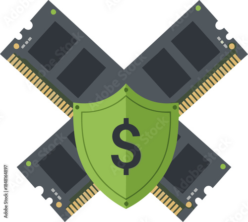 A dynamic graphic featuring RAM sticks crossed with a shield and dollar sign, symbolizing cost increase. Modern, vibrant design with a professional feel.