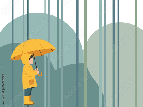 A young person enjoys shelter from the rain under an umbrella, creating a cozy and serene scene.  Modern illustration style.
