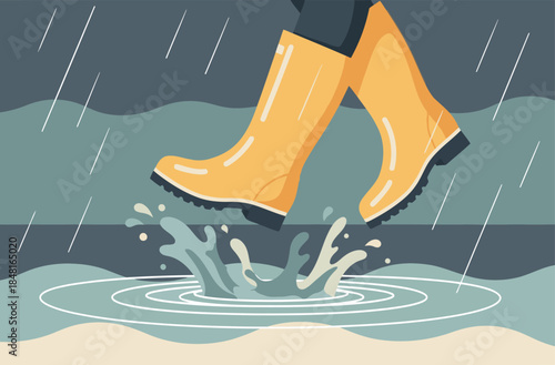 A person wearing yellow rain boots splashes through a puddle in the rain. Dynamic splash effect, vibrant colors, and a playful mood. Perfect for weather or outdoor themes.