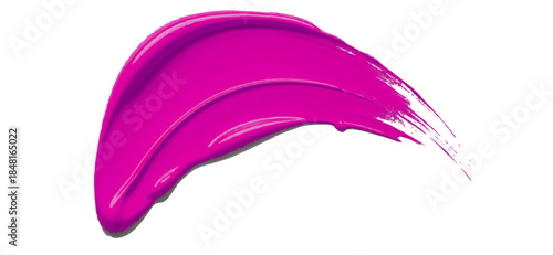 Vibrant Magenta Brush Stroke Fluid Pink Paint Arch Across White Canvas.