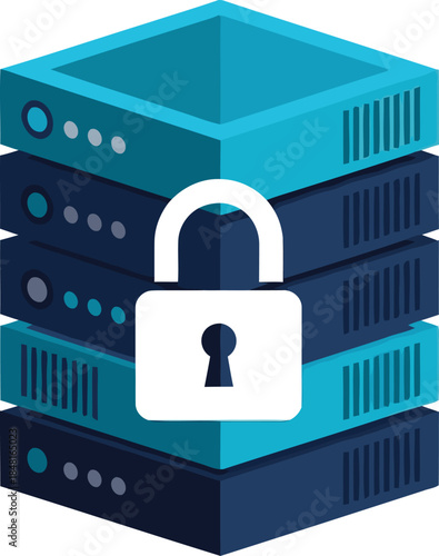 Secure server stack with a lock, symbolizing asset value protection. Modern, digital illustration with a blue and gray color scheme. Clean, professional design.