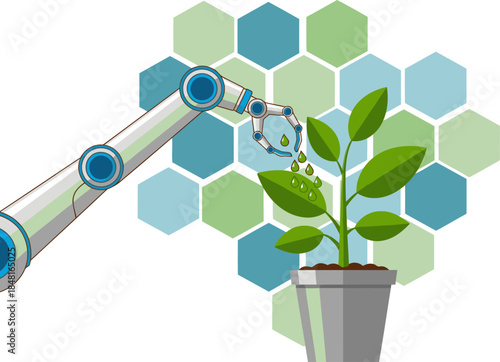 A robotic arm delicately nurtures a plant with fertilizer, symbolizing automated growth. Modern, vibrant, and visually appealing for business and technology concepts.