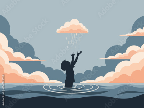 A silhouette figure embraces rain, symbolizing growth and transformation against a dramatic cloudy sky. A serene, hopeful image for change and resilience.