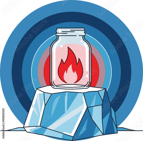 A striking graphic featuring a jar holding a flame atop a glacial rock. The message ?Preserve Our Heat? emphasizes urgency and warmth. Bold, modern design.