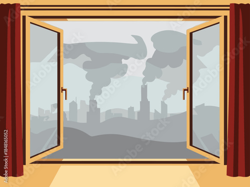 A stark window view reveals a polluted cityscape with industrial smoke. The image conveys a sense of environmental concern and a desire for clean air.  Dramatic composition.