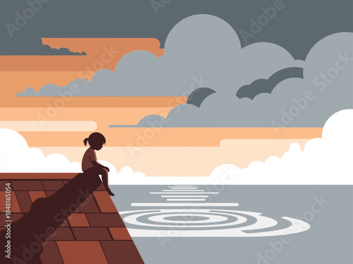 A solitary child contemplates a vast, changing landscape. Dramatic clouds and a rippling horizon evoke a sense of transformation. Powerful visual.