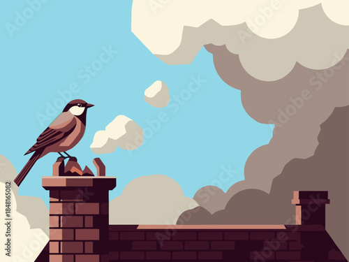 A stylized bird perches on a brick chimney amidst smoky clouds, conveying a plea for environmental help. Bold colors and graphic style.