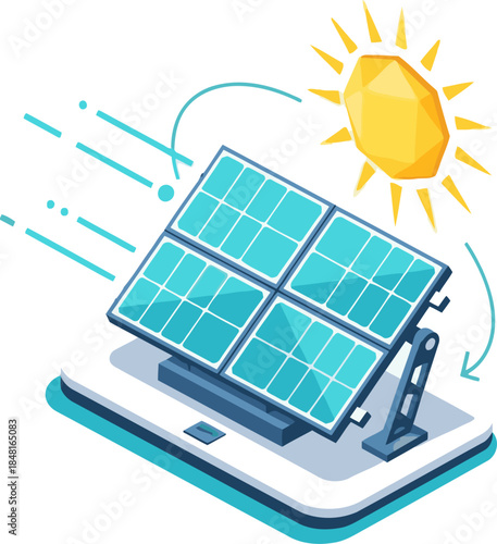 Solar tracking system generates power with sunlight. Modern illustration showcasing renewable energy and sustainable technology. Bright, clean design.