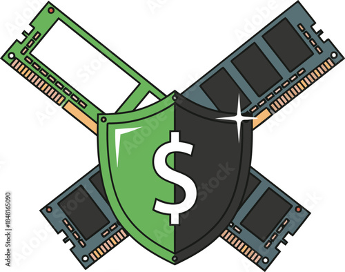 Tech costs rising! A shield protects a memory stick and dollar sign, symbolizing increased expenses. Modern, graphic design.