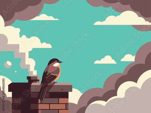 A stylized bird perches on a brick chimney against a cloudy sky. ?Nature Needs Help? text adds a poignant message. Flat design, teal and gray tones.