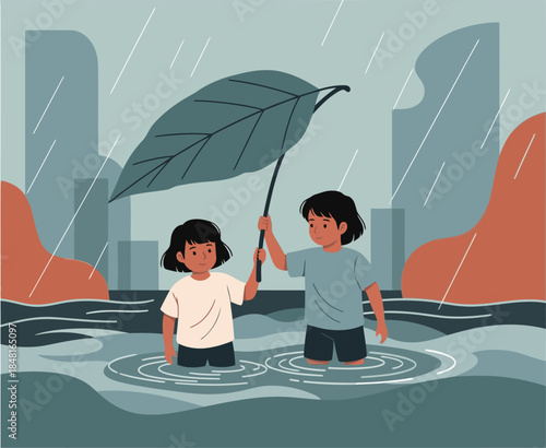 Two children seek shelter under a leaf umbrella during a rainstorm in a city. A heartwarming scene of protection and companionship amidst the weather.
