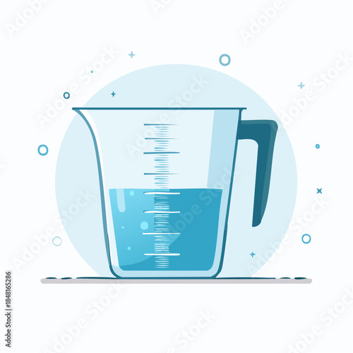 Illustration of a transparent measuring cup with blue liquid and volume markings, signifying measurement and kitchenware