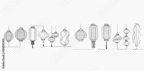 Set of various hand-drawn Chinese lanterns, decorative elements for traditional Asian festivals and celebrations.