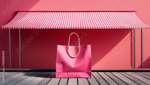 pink striped awning over a bright pink shopping bag on a platform minimalist design