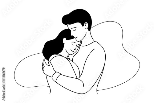 Romantic Couple Man and Woman Hugging Line Illustration