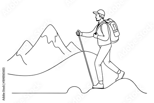 Backpacking Man Hiking Uphill with Walking Sticks Line Art