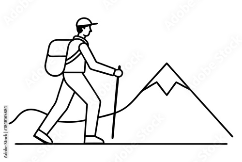 Adventurous Hiker with Trekking Pole and Backpack Climbing Hill