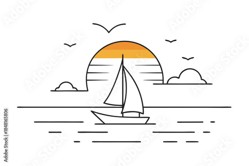 Minimalist Sailboat at Sea Sunset Line Drawing