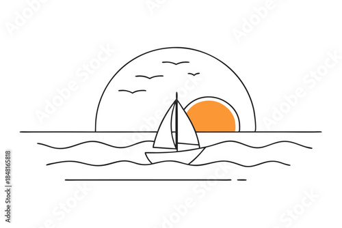 Serene Ocean Horizon with Sailing Boat Sketch