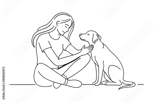 Woman Kneeling and Hugging Pet Dog Drawing