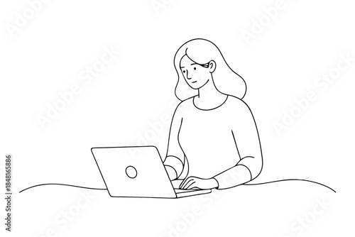 Woman Using Portable Computer Line Illustration
