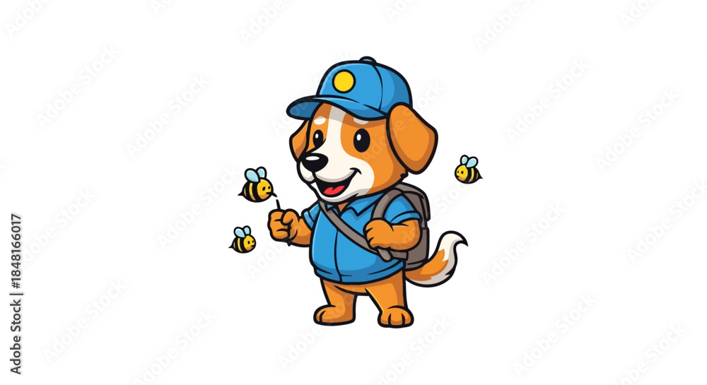 Fototapeta premium A cute and friendly beagle dog, dressed as a mailman with a blue cap and backpack, happily holds a flower while being playfully surrounded by three small buzzing bees