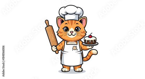 Cute cartoon cat chef holding rolling pin and cake with cherry on top, depicting adorable culinary character wearing chef hat and apron ready to bake
