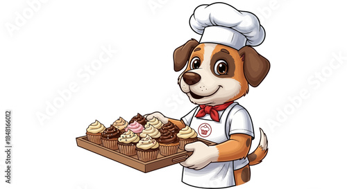 A cheerful beagle dog, dressed as a baker with a chef's hat and apron, proudly holds a tray overflowing with beautifully decorated cupcakes, ready to serve them