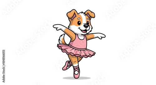 Cute cartoon terrier puppy dog character dancing ballet in pink tutu skirt and pointe shoes isolated on white background, adorable domestic animal ballerina dancer performing gracefully